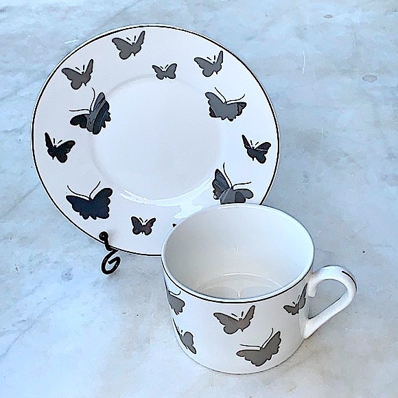 GRACES TEAWARE SILVER METALLIC BUTTERFLY’S FLAT CUP SAUCER SET NEW PORCELAIN - Picture 2 of 9